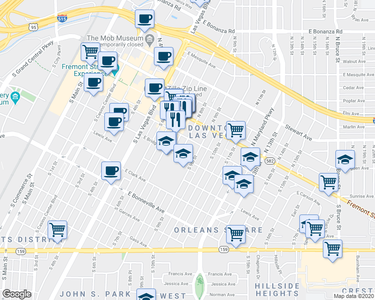 map of restaurants, bars, coffee shops, grocery stores, and more near 305 Carson Avenue in Las Vegas