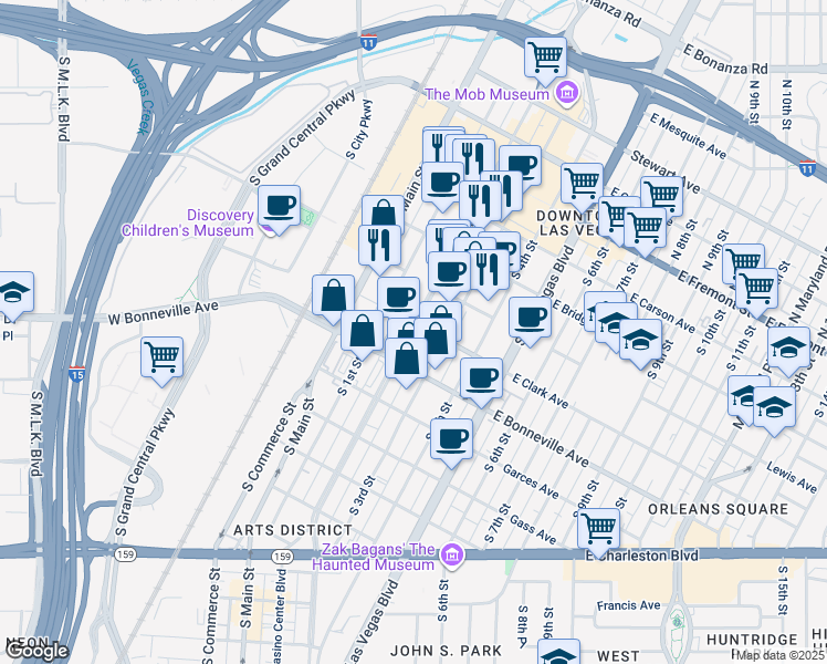 map of restaurants, bars, coffee shops, grocery stores, and more near 428 South Casino Center Boulevard in Las Vegas