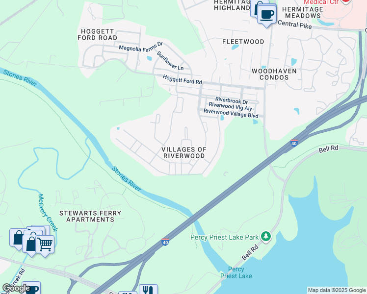 map of restaurants, bars, coffee shops, grocery stores, and more near 2524 River Trail Drive in Nashville