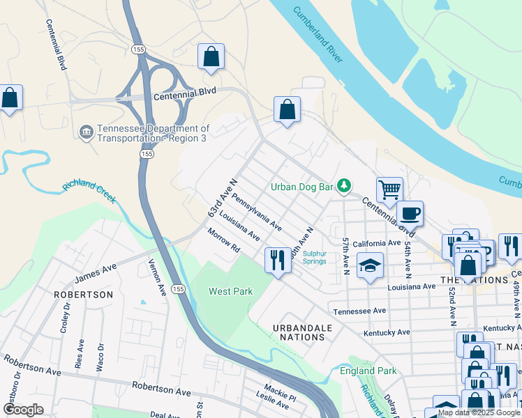 map of restaurants, bars, coffee shops, grocery stores, and more near 6121B California Avenue in Nashville