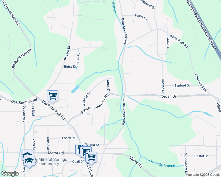 map of restaurants, bars, coffee shops, grocery stores, and more near 5105 Alton Street in Winston-Salem