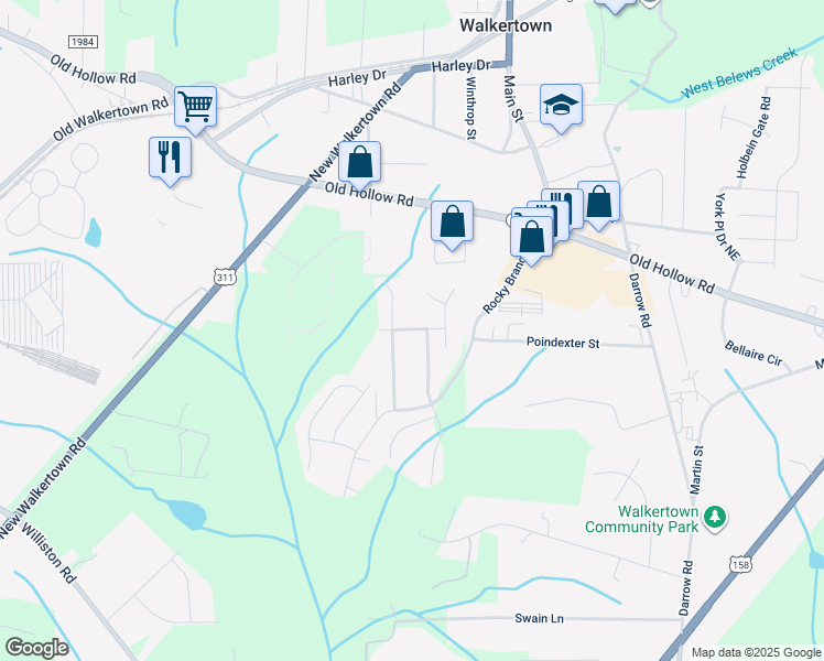 map of restaurants, bars, coffee shops, grocery stores, and more near 3830 Kilberry Court in Walkertown