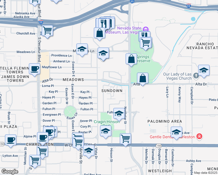 map of restaurants, bars, coffee shops, grocery stores, and more near 4036 Nightingale Court in Las Vegas