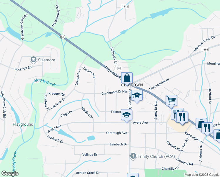 map of restaurants, bars, coffee shops, grocery stores, and more near 3935 Gracemont Drive Northwest in Winston-Salem