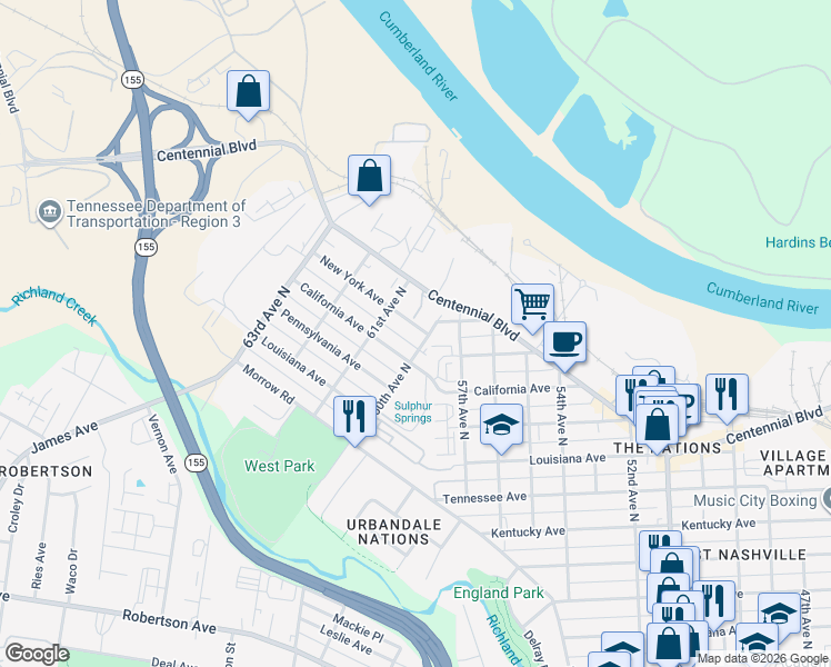 map of restaurants, bars, coffee shops, grocery stores, and more near 6014 New York Avenue in Nashville