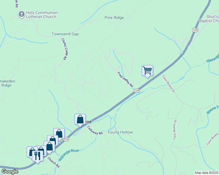 map of restaurants, bars, coffee shops, grocery stores, and more near 325 Peaceful Haven Drive in Boone