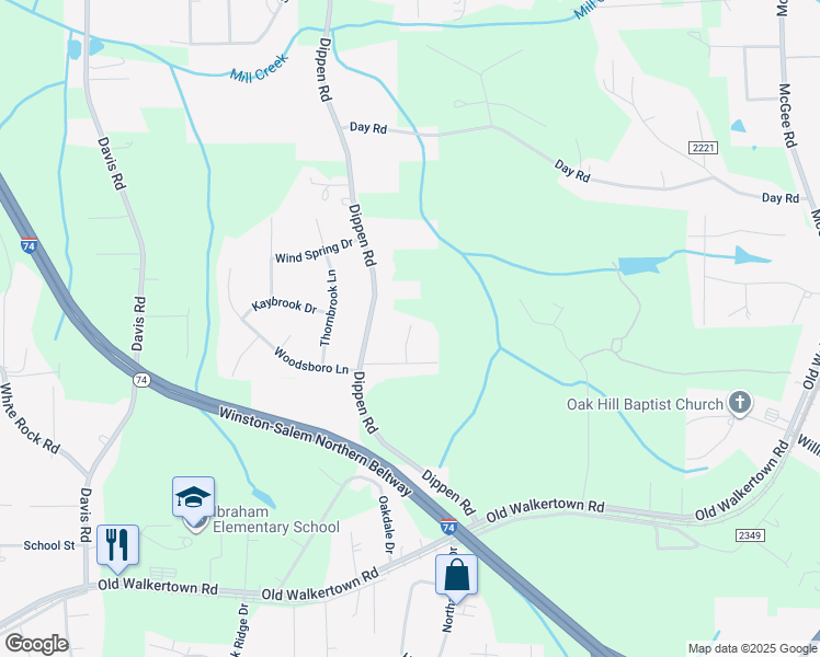 map of restaurants, bars, coffee shops, grocery stores, and more near Tall Tree Court in Winston-Salem
