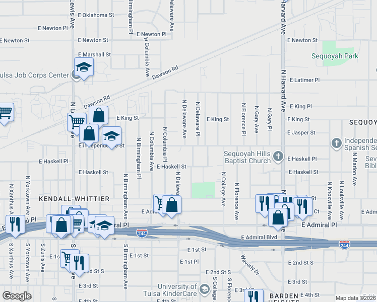 map of restaurants, bars, coffee shops, grocery stores, and more near 808 North Delaware Avenue in Tulsa