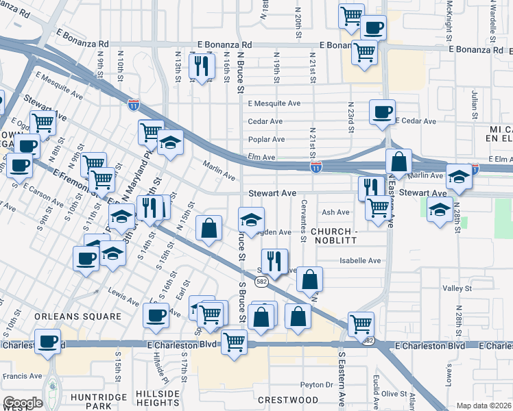 map of restaurants, bars, coffee shops, grocery stores, and more near 233 North 18th Street in Las Vegas