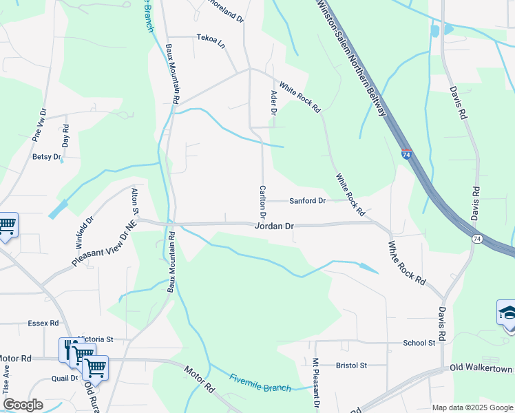 map of restaurants, bars, coffee shops, grocery stores, and more near 4708 Carlton Drive in Winston-Salem