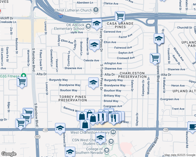 map of restaurants, bars, coffee shops, grocery stores, and more near 6408 Burgundy Way in Las Vegas