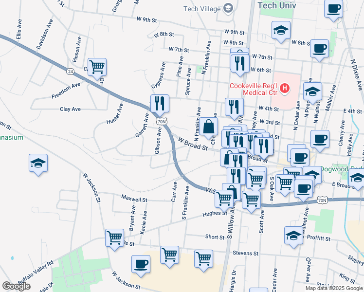 map of restaurants, bars, coffee shops, grocery stores, and more near 477 West End Street in Cookeville