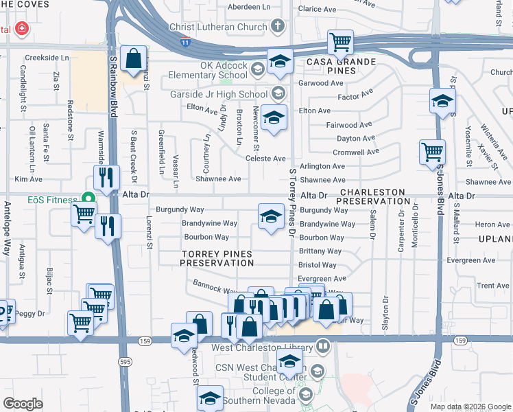 map of restaurants, bars, coffee shops, grocery stores, and more near 6448 Alta Drive in Las Vegas
