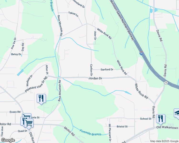 map of restaurants, bars, coffee shops, grocery stores, and more near 4708 Carlton Drive in Winston-Salem