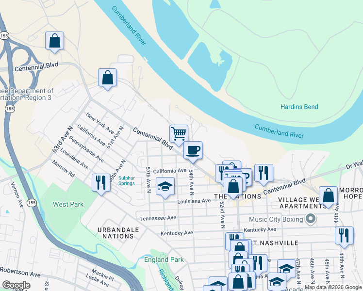 map of restaurants, bars, coffee shops, grocery stores, and more near 5500 Centennial Boulevard in Nashville