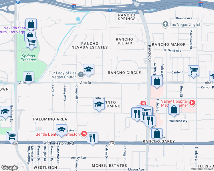 map of restaurants, bars, coffee shops, grocery stores, and more near 2727 Alta Drive in Las Vegas