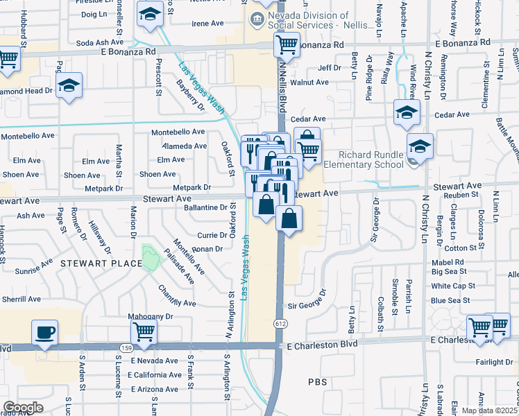 map of restaurants, bars, coffee shops, grocery stores, and more near Stewart Avenue in Las Vegas