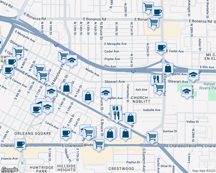 map of restaurants, bars, coffee shops, grocery stores, and more near 1813 Stewart Avenue in Las Vegas