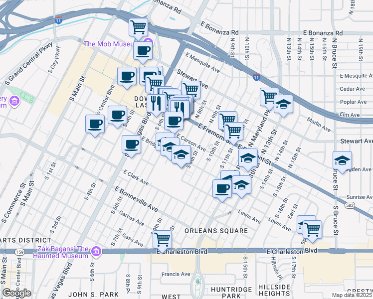 map of restaurants, bars, coffee shops, grocery stores, and more near 305 Carson Avenue in Las Vegas