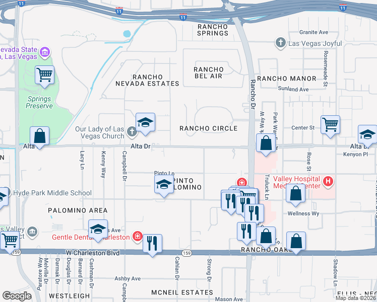 map of restaurants, bars, coffee shops, grocery stores, and more near 709 Rancho Circle in Las Vegas