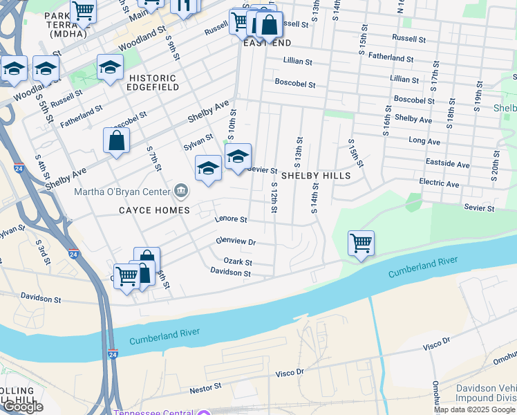 map of restaurants, bars, coffee shops, grocery stores, and more near 1101 Dew Street in Nashville