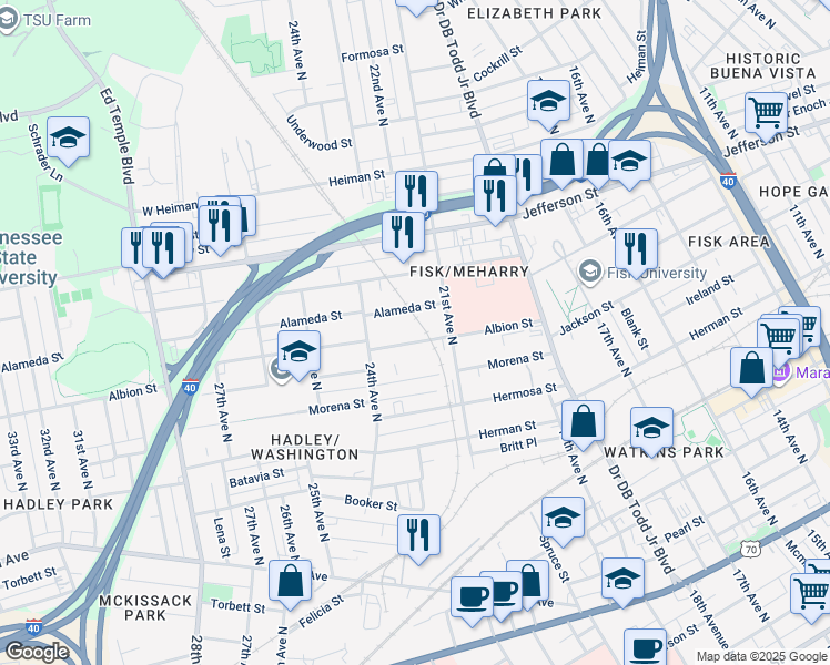 map of restaurants, bars, coffee shops, grocery stores, and more near 2303 Alameda Street in Nashville