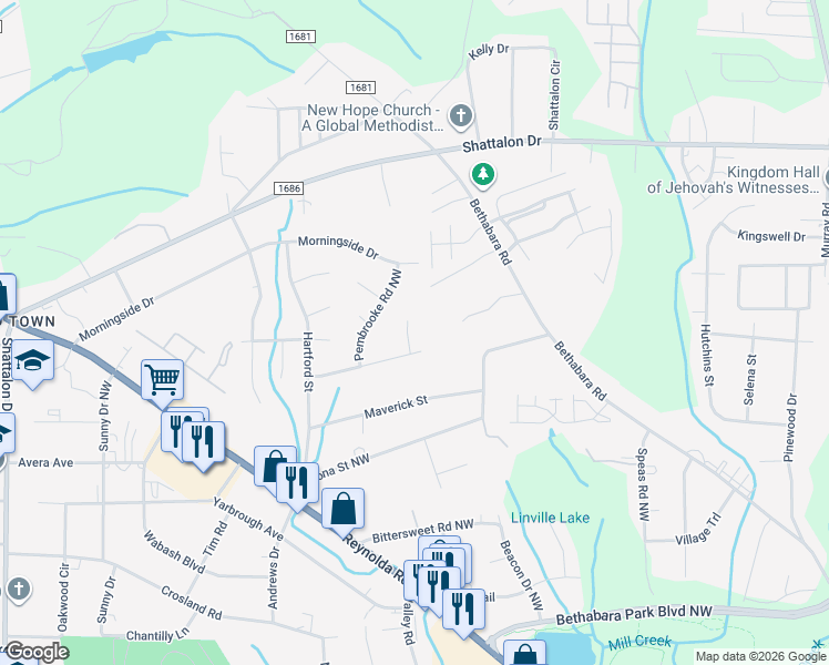 map of restaurants, bars, coffee shops, grocery stores, and more near 3850 Queen Ann Circle in Winston-Salem