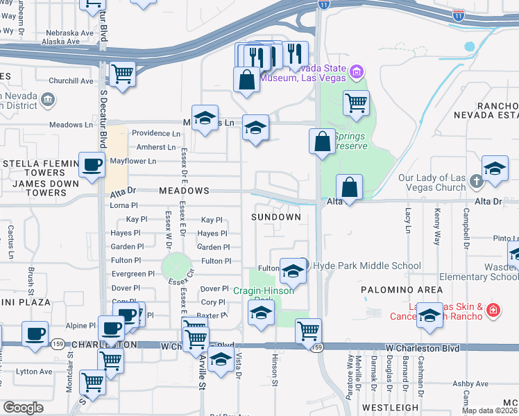 map of restaurants, bars, coffee shops, grocery stores, and more near 505 Cragin Park Drive in Las Vegas