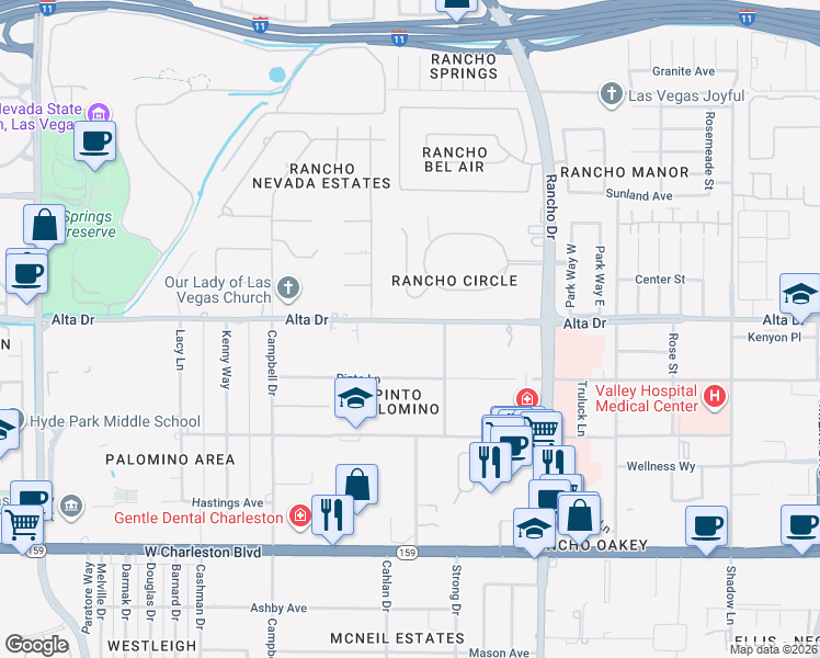 map of restaurants, bars, coffee shops, grocery stores, and more near 709 Rancho Circle in Las Vegas