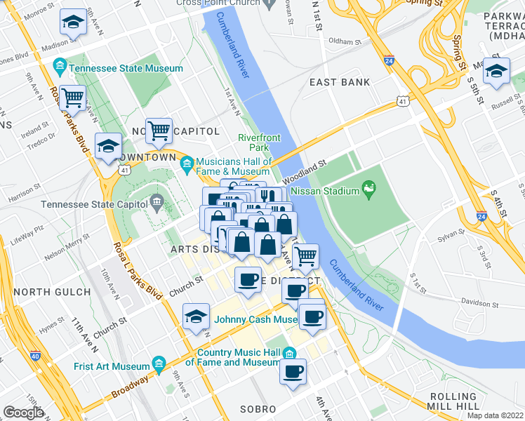 map of restaurants, bars, coffee shops, grocery stores, and more near Union Street & 2nd Avenue North in Nashville