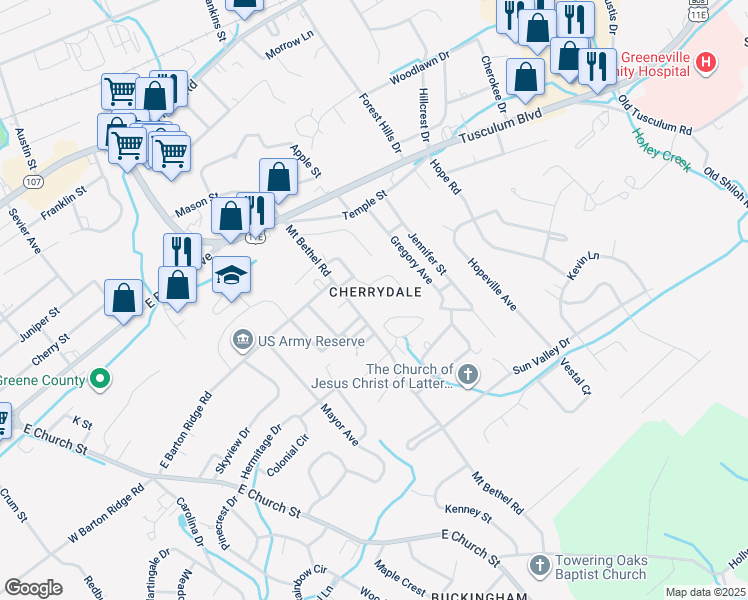 map of restaurants, bars, coffee shops, grocery stores, and more near 142 Cherrydale Drive in Greeneville