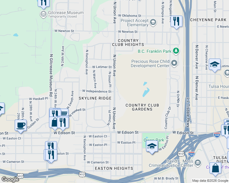 map of restaurants, bars, coffee shops, grocery stores, and more near 797 North Union Avenue in Tulsa