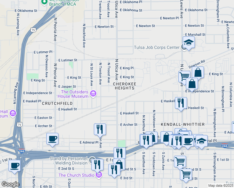 map of restaurants, bars, coffee shops, grocery stores, and more near 835 North Utica Avenue in Tulsa