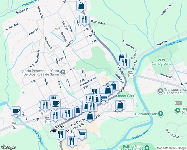 map of restaurants, bars, coffee shops, grocery stores, and more near 407 F Street in North Wilkesboro