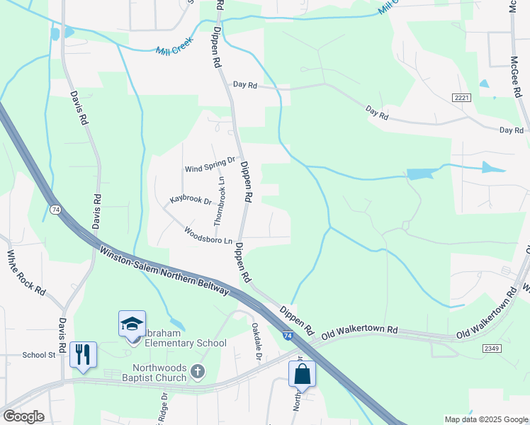 map of restaurants, bars, coffee shops, grocery stores, and more near 5113 Tall Tree Court in Winston-Salem
