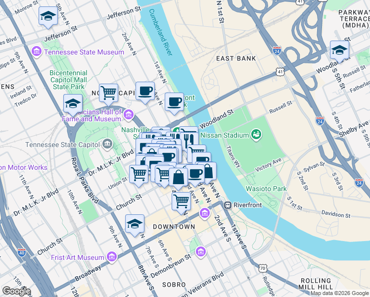 map of restaurants, bars, coffee shops, grocery stores, and more near 280 2nd Avenue North in Nashville