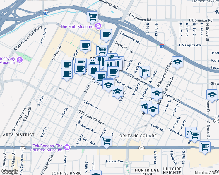 map of restaurants, bars, coffee shops, grocery stores, and more near 224 South 7th Street in Las Vegas