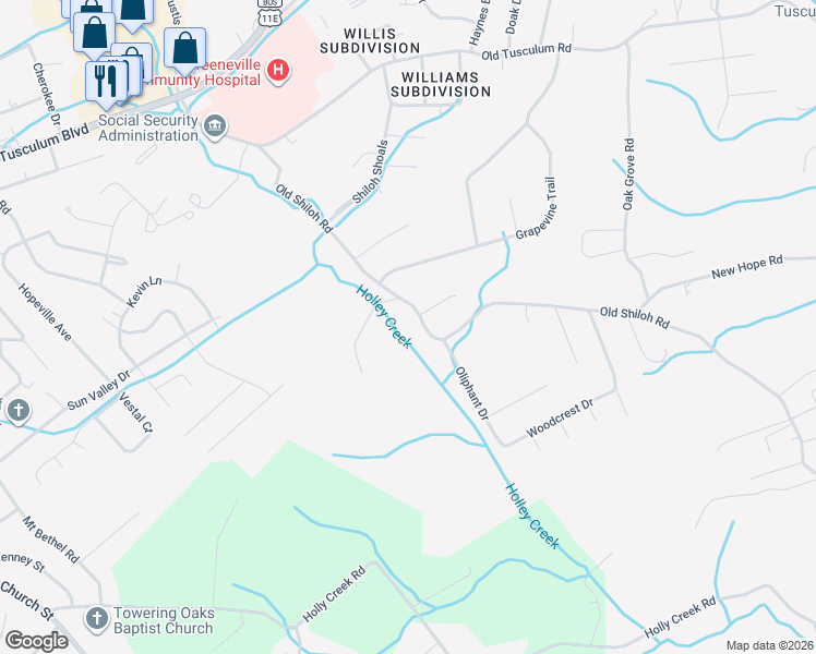 map of restaurants, bars, coffee shops, grocery stores, and more near 510 Old Shiloh Road in Greeneville