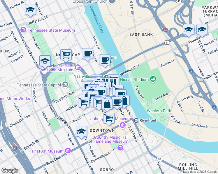 map of restaurants, bars, coffee shops, grocery stores, and more near in Nashville
