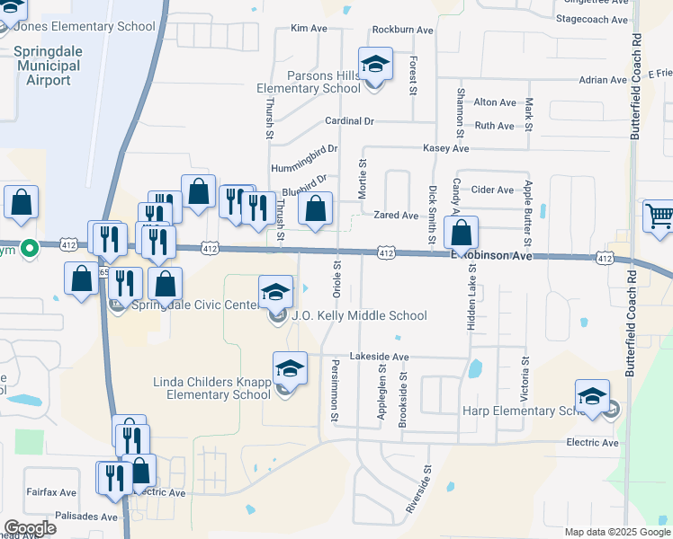 map of restaurants, bars, coffee shops, grocery stores, and more near 1905 County Road 1083 in Springdale