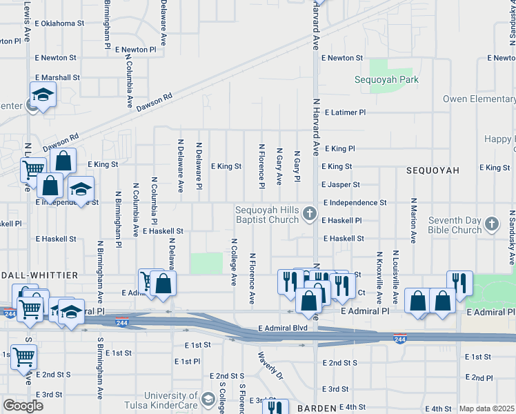 map of restaurants, bars, coffee shops, grocery stores, and more near 3107 East Independence Street in Tulsa