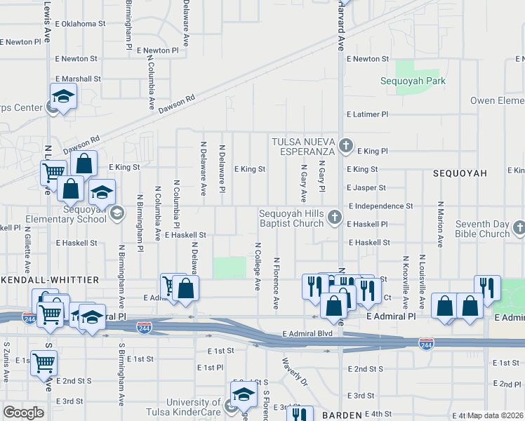 map of restaurants, bars, coffee shops, grocery stores, and more near 3107 East Independence Street in Tulsa