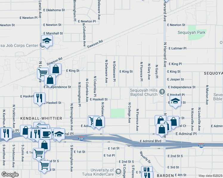 map of restaurants, bars, coffee shops, grocery stores, and more near 807 North Delaware Place in Tulsa
