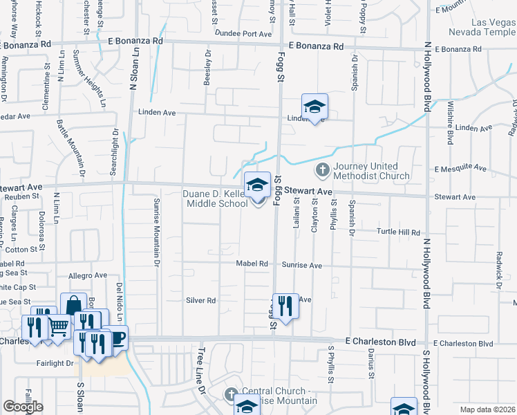 map of restaurants, bars, coffee shops, grocery stores, and more near 301 North Fogg Street in Las Vegas