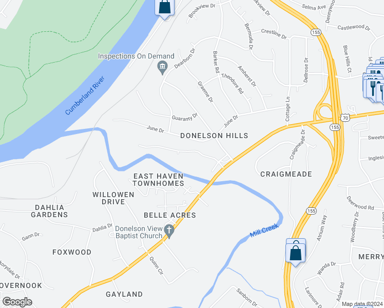 map of restaurants, bars, coffee shops, grocery stores, and more near 2153 June Drive in Nashville