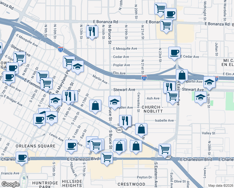 map of restaurants, bars, coffee shops, grocery stores, and more near 237 North 18th Street in Las Vegas