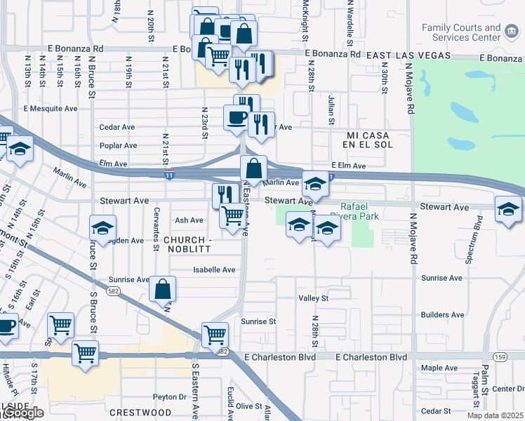 map of restaurants, bars, coffee shops, grocery stores, and more near 250 North Eastern Avenue in Las Vegas