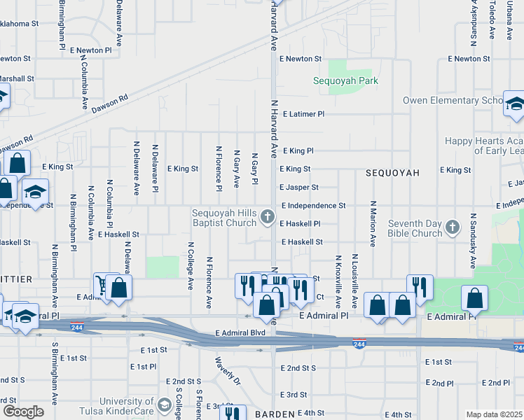 map of restaurants, bars, coffee shops, grocery stores, and more near 3232 East Independence Street in Tulsa