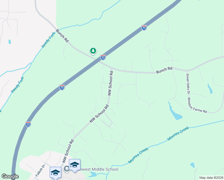 map of restaurants, bars, coffee shops, grocery stores, and more near 5350 Northwest School Road in Greensboro
