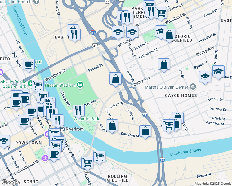 map of restaurants, bars, coffee shops, grocery stores, and more near 113 Shelby Avenue in Nashville